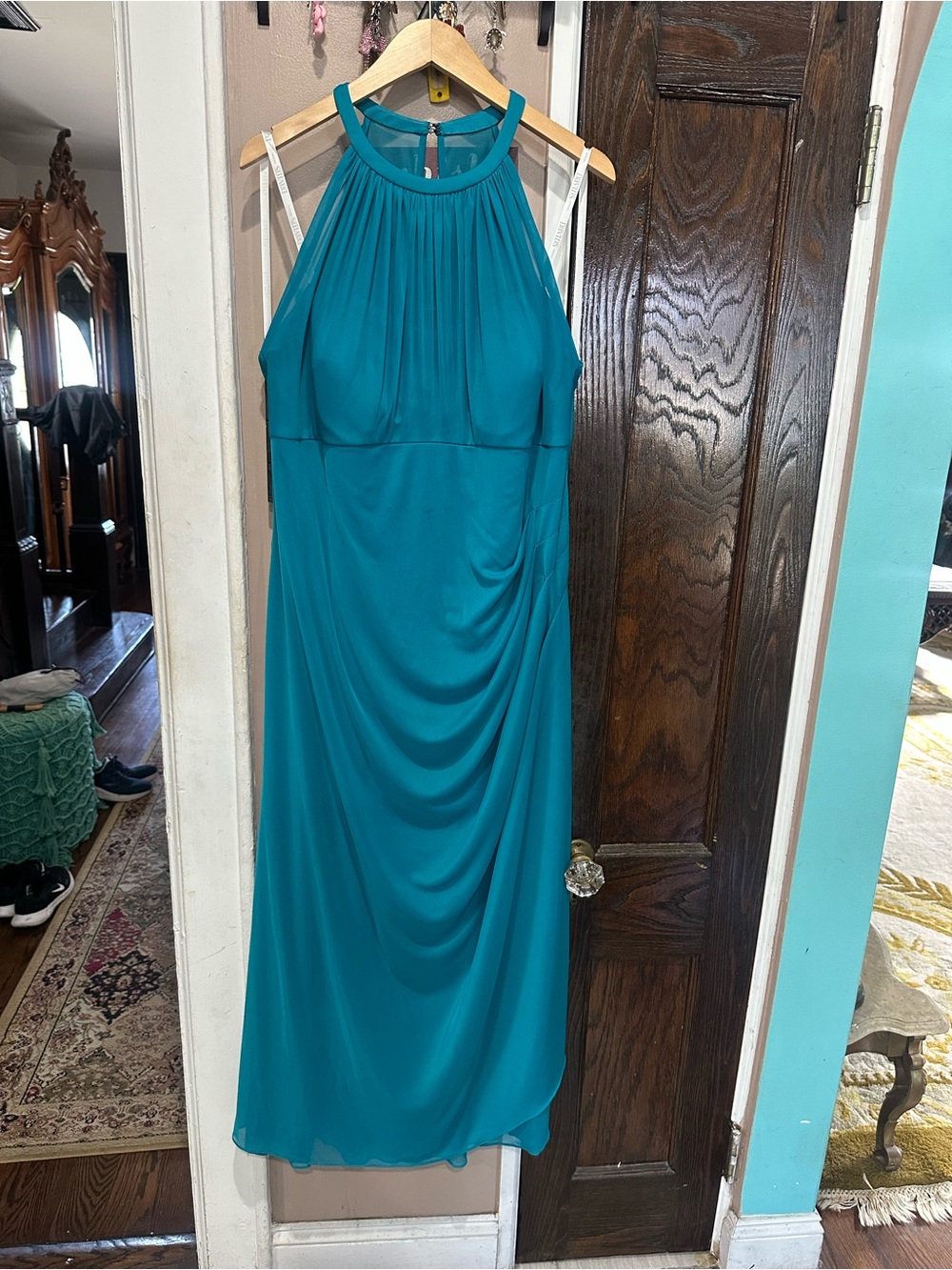David's Bridal Teal Halter Maxi Dress with Gathered Bodice